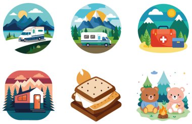 Kamp Paketi. Manzaralı Dağ Manzarası Toplama Çıkartmaları. Al, Image Set 'i oluşturdu. Clipart çizgi film deisgn simgeleri