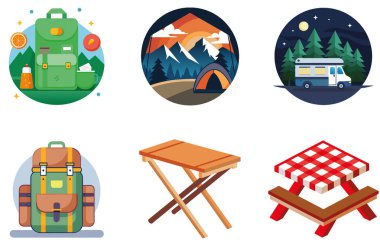 Kamp Paketi. Turuncu Çadır Macera Koleksiyonu Çıkartmaları. Al, Image Set 'i oluşturdu. Clipart çizgi film deisgn simgeleri