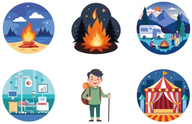 Kamp Paketi. Şehir Günbatımı Maratonu Koleksiyon Etiketleri. Al, Image Set 'i oluşturdu. Clipart çizgi film deisgn simgeleri