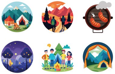 Kamp Paketi. Gülümseyen Genç Adam Kamp Etiketleri Koleksiyonu. Al, Image Set 'i oluşturdu. Clipart çizgi film deisgn simgeleri
