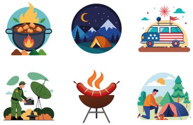 Kamp Paketi. Açık hava yiyecek toplama çıkartmaları hazırlanıyor. Al, Image Set 'i oluşturdu. Clipart çizgi film deisgn simgeleri