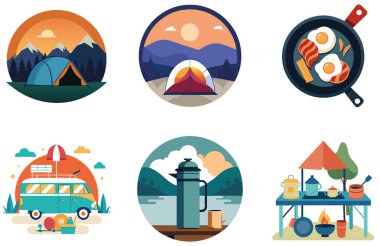 Kamp Paketi. Dağcılar Everest Seferi Koleksiyon Etiketleri. Al, Image Set 'i oluşturdu. Clipart çizgi film deisgn simgeleri