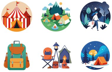 Kamp Paketi. Altın Günbatımı Yolu Macera Toplama Etiketleri. Al, Image Set 'i oluşturdu. Clipart çizgi film deisgn simgeleri