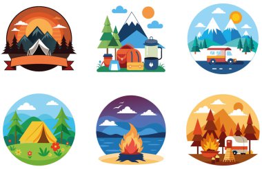 Kamp Paketi. Mülteci Kampı Gece Koleksiyonu Çıkartmaları. Al, Image Set 'i oluşturdu. Clipart çizgi film deisgn simgeleri