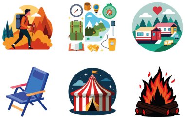 Kamp Paketi. Romantik Çift Nehir Kampı Çıkartmaları. Al, Image Set 'i oluşturdu. Clipart çizgi film deisgn simgeleri