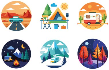 Kamp Paketi. Çam Ağaçları Siluet Koleksiyon Etiketleri. Al, Image Set 'i oluşturdu. Clipart çizgi film deisgn simgeleri