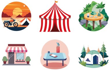 Kamp Paketi. Sunset Dağları Tırmanma Çıkartmaları. Al, Image Set 'i oluşturdu. Clipart çizgi film deisgn simgeleri