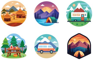 Kamp Paketi. Yürüyüş Botları Macera Koleksiyonu Çıkartmaları. Al, Image Set 'i oluşturdu. Clipart çizgi film deisgn simgeleri