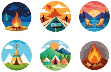 Kamp Paketi. Seyahat Kiti Macera Etiketleri Toplama. Al, Image Set 'i oluşturdu. Clipart çizgi film deisgn simgeleri