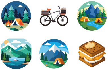 Kamp Paketi. Terk Edilmiş Fabrika Kalıntıları Koleksiyon Çıkartmaları. Al, Image Set 'i oluşturdu. Clipart çizgi film deisgn simgeleri
