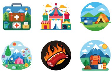 Kamp Paketi. Tropik Plaj Cenneti Koleksiyonu Çıkartmaları. Al, Image Set 'i oluşturdu. Clipart çizgi film deisgn simgeleri