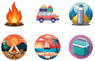 Kamp Paketi. Yanan Ahşap Ateş Toplama Etiketleri. Al, Image Set 'i oluşturdu. Clipart çizgi film deisgn simgeleri