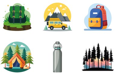 Kamp Paketi. Laptop ve Su Şişesi Çalışma Etiketleri. Al, Image Set 'i oluşturdu. Clipart çizgi film deisgn simgeleri