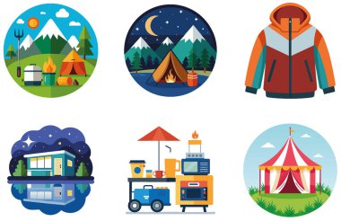 Kamp Paketi. Gece Feneri Sirk Çadırı Çıkartması Koleksiyonu. Al, Image Set 'i oluşturdu. Clipart çizgi film deisgn simgeleri