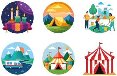 Kamp Paketi. Vintage Circus Çadır Koleksiyonu Çıkartmaları. Al, Image Set 'i oluşturdu. Clipart çizgi film deisgn simgeleri