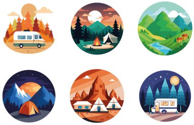 Kamp Paketi. Beyaz Karavan Tropikal Kaçış Çıkartmaları. Al, Image Set 'i oluşturdu. Clipart çizgi film deisgn simgeleri