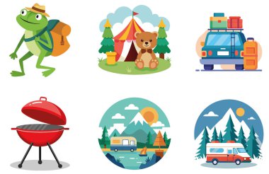 Kamp Paketi. Apocalyptic Şehir Yıkım Etiketleri. Al, Image Set 'i oluşturdu. Clipart çizgi film deisgn simgeleri