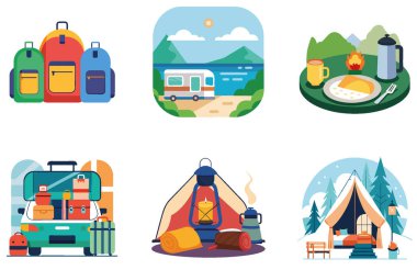 Kamp Paketi. Çift ve Köpek Kamp Ateşi Çıkartmaları. Al, Image Set 'i oluşturdu. Clipart çizgi film deisgn simgeleri