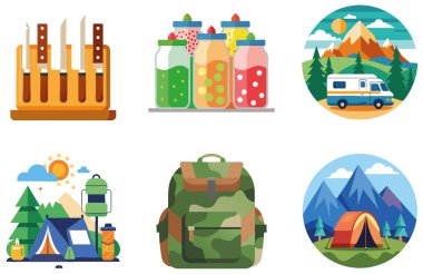 Kamp Paketi. Karavan Gecesi Gökyüzü Çıkartmaları. Al, Image Set 'i oluşturdu. Clipart çizgi film deisgn simgeleri