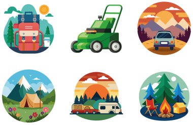 Kamp Paketi. Renkli Karnaval Oyunları Koleksiyon Etiketleri. Al, Image Set 'i oluşturdu. Clipart çizgi film deisgn simgeleri