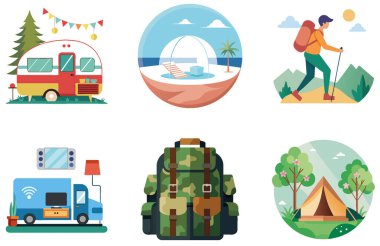 Kamp Paketi. Dağlık Kamp Bölgesi Günbatımı Koleksiyon Etiketleri. Al, Image Set 'i oluşturdu. Clipart çizgi film deisgn simgeleri