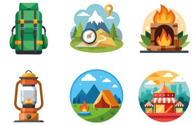 Kamp Paketi. Konforlu Kulübe Ormanı Koleksiyonu Çıkartmaları. Al, Image Set 'i oluşturdu. Clipart çizgi film deisgn simgeleri