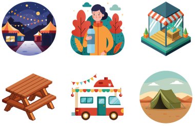 Kamp Paketi. Fil Kavisli Sirk Etiketleri Koleksiyonu. Al, Image Set 'i oluşturdu. Clipart çizgi film deisgn simgeleri