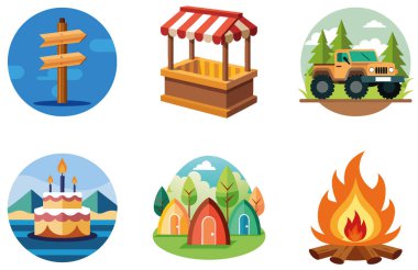 Kamp Paketi. Fil Banyo Doğa Koleksiyonu Çıkartmaları. Al, Image Set 'i oluşturdu. Clipart çizgi film deisgn simgeleri