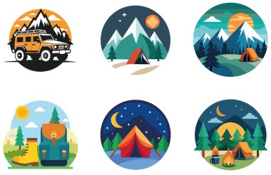Kamp Paketi. Aile Karavan Gölü Macera Koleksiyonu Çıkartmaları. Al, Image Set 'i oluşturdu. Clipart çizgi film deisgn simgeleri