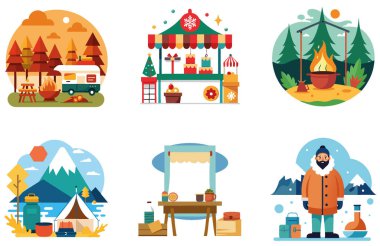 Kamp Paketi. Açık Ateş Çukuru Toplama Çıkartmaları. Al, Image Set 'i oluşturdu. Clipart çizgi film deisgn simgeleri