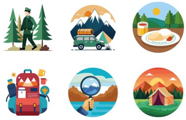 Kamp Paketi. Zürafa Safari Macera Koleksiyonu Çıkartmaları. Al, Image Set 'i oluşturdu. Clipart çizgi film deisgn simgeleri