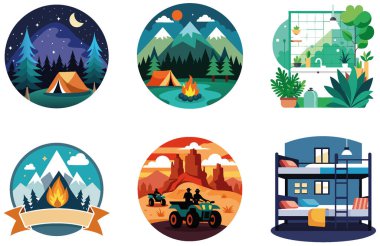 Kamp Paketi. Lüks Karavan İç Koleksiyon Çıkartmaları. Al, Image Set 'i oluşturdu. Clipart çizgi film deisgn simgeleri