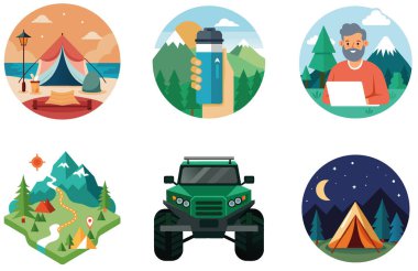 Kamp Paketi. İsviçre Alp Dağları Zirvesi Koleksiyon Etiketleri. Al, Image Set 'i oluşturdu. Clipart çizgi film deisgn simgeleri