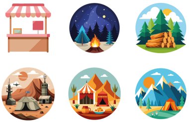 Kamp Paketi. Turuncu SUV Kamp Aletleri Toplama Etiketleri. Al, Image Set 'i oluşturdu. Clipart çizgi film deisgn simgeleri