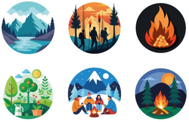 Kamp Paketi. Yolculuk Pencereleri Macera Koleksiyonu Çıkartmaları. Al, Image Set 'i oluşturdu. Clipart çizgi film deisgn simgeleri