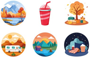 Kamp Paketi. Karavan Park Yeri Koleksiyonu Çıkartmaları. Al, Image Set 'i oluşturdu. Clipart çizgi film deisgn simgeleri