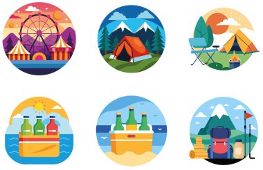 Kamp Paketi. Serene Lakeside Kampı Günbatımı Koleksiyon Etiketleri. Al, Image Set 'i oluşturdu. Clipart çizgi film deisgn simgeleri