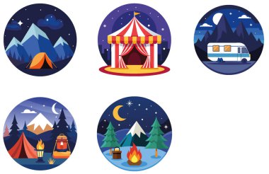 Kamp Paketi. Sinsi Avcı Kamuflaj Koleksiyonu Çıkartmaları. Al, Image Set 'i oluşturdu. Clipart çizgi film deisgn simgeleri