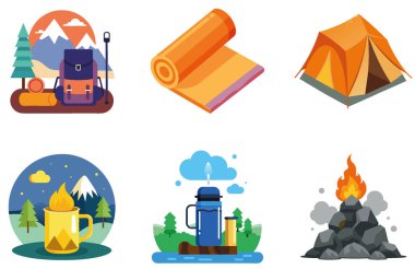 Kamp Paketi. Parlayan Çadır Gece Gökyüzü Koleksiyonu Çıkartmaları. Al, Image Set 'i oluşturdu. Clipart çizgi film deisgn simgeleri