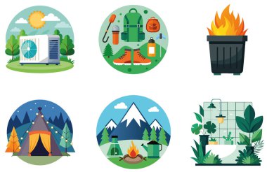 Kamp Paketi. Ultralight Sırt Çantası Vites Koleksiyonu Etiketleri. Al, Image Set 'i oluşturdu. Clipart çizgi film deisgn simgeleri