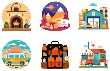 Kamp Paketi. Canlı Kırmızı Sırt Çantası Dağ Etiketleri. Al, Image Set 'i oluşturdu. Clipart çizgi film deisgn simgeleri