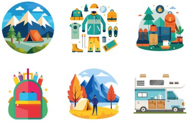 Kamp Paketi. Kış Günbatımı BBQ Koleksiyon Etiketleri. Al, Image Set 'i oluşturdu. Clipart çizgi film deisgn simgeleri