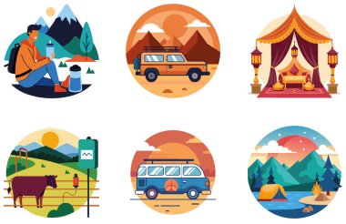 Kamp Paketi. Ateş Çukuru Üçayaklı Macera Etiketleri. Al, Image Set 'i oluşturdu. Clipart çizgi film deisgn simgeleri