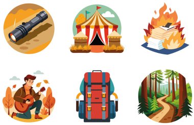 Kamp Paketi. Hayalet Sirk Çadırı Koleksiyon Etiketleri. Al, Image Set 'i oluşturdu. Clipart çizgi film deisgn simgeleri