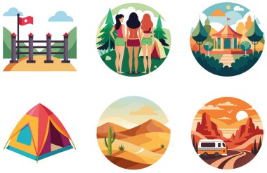 Kamp Paketi. Gece Sirki Çadırı Kutlama Çıkartmaları. Al, Image Set 'i oluşturdu. Clipart çizgi film deisgn simgeleri