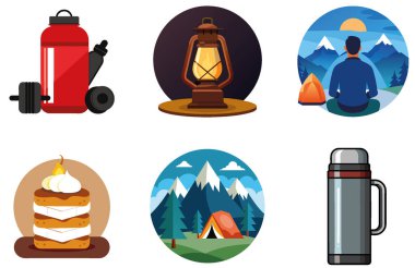 Kamp Paketi. Yürüyüşçü Dinlenme Çadırı Tahsilat Etiketleri. Al, Image Set 'i oluşturdu. Clipart çizgi film deisgn simgeleri