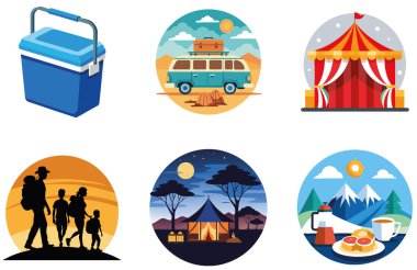 Kamp Paketi. Yürüyüş Yolu Dağ Manzarası Toplama Çıkartmaları. Al, Image Set 'i oluşturdu. Clipart çizgi film deisgn simgeleri