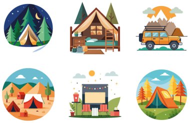 Kamp Paketi. Büyük Şenlik Ateşi Toplama Çıkartmaları. Al, Image Set 'i oluşturdu. Clipart çizgi film deisgn simgeleri