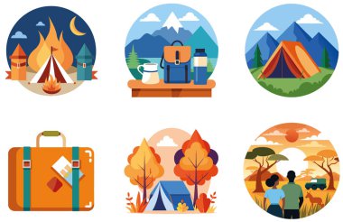 Kamp Paketi. Hava Manzaralı Çöl Safari Toplama Çıkartmaları. Al, Image Set 'i oluşturdu. Clipart çizgi film deisgn simgeleri