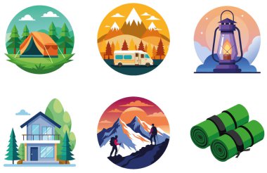 Kamp Paketi. Afrika Savana Kilimanjaro Koleksiyon Etiketleri. Al, Image Set 'i oluşturdu. Clipart çizgi film deisgn simgeleri